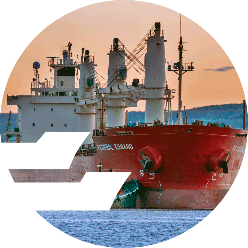 Ore ship on Lake Superior with duluth port logo